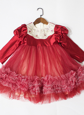 特卖新年冬儿童红色连衣裙加绒拜年裙纱裙泡泡袖公主节日礼物