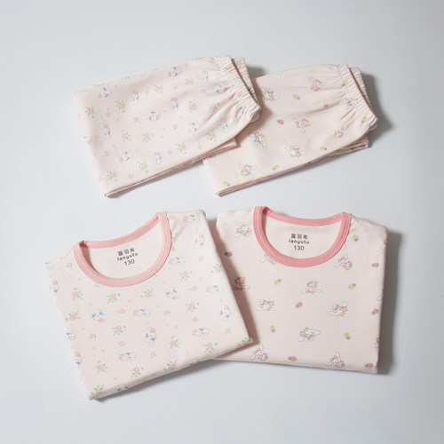 蓝羽兔拉架棉无骨A类95%棉130-160码春秋冬女童家居服套装柔软