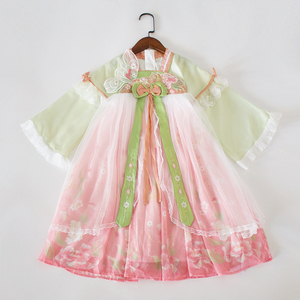 甜美清新~110-150码~春秋女童汉服连衣裙刺绣中式生日礼物演出服