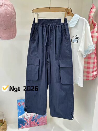 NGT藏青色120码夏季女童直筒裤锦棉舒适好搭裤脚两穿长裤