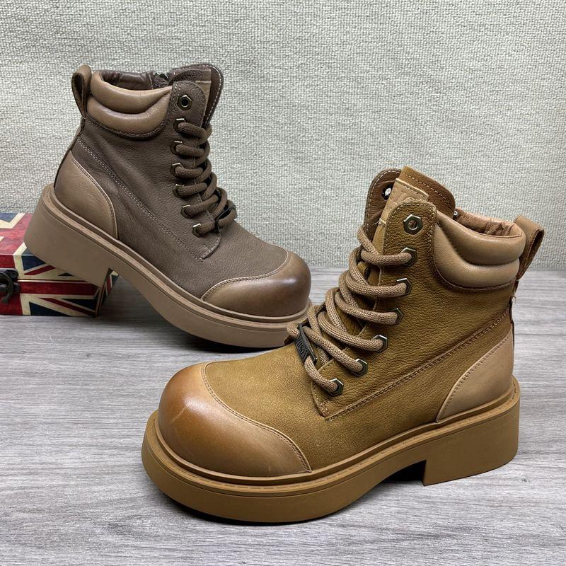 真皮厚底登山靴搭女士工装裤大黄靴2024年秋冬款加防滑绒英伦女靴