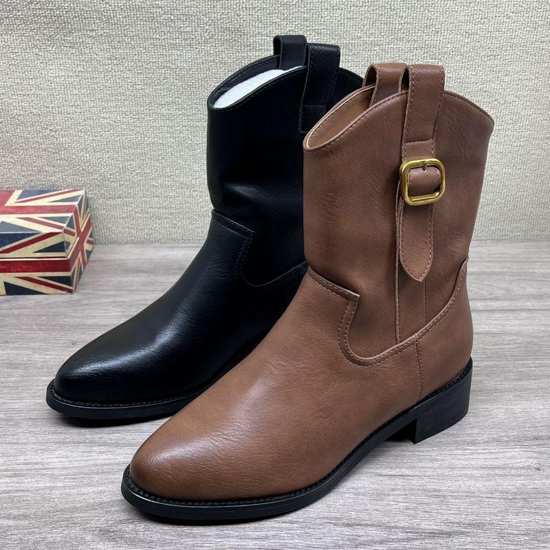 西部牛仔法式靴秋冬款真皮低跟尖头中筒加绒一脚蹬V字切尔西女靴