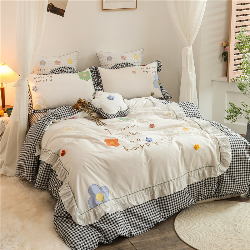 网红款全棉四件套纯棉韩版公主风双人被套荷叶边花朵床单床上用品