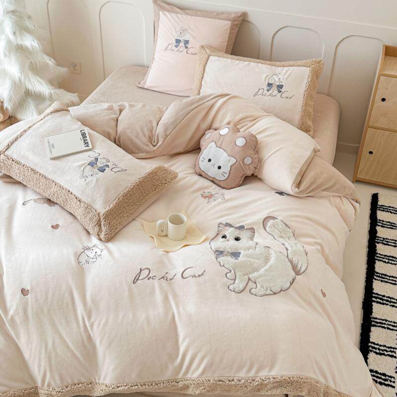 可爱小猫秋冬季卡通风保暖加厚双面牛奶绒四件套少女心套床上用品,床上用品,床品套件/四件套/多件套,淘宝优惠券,粉丝福利购,淘宝优惠卷