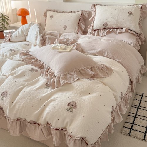 可爱狗狗少女心全棉双层纱四件套