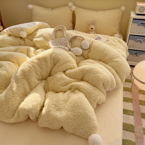 ins冬季少女大毛球羊羔绒四件套