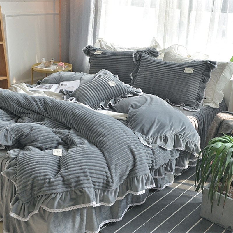 韩国兔兔绒加厚保暖四件套纯色法莱绒蕾丝冬季公主风珊瑚绒4件套