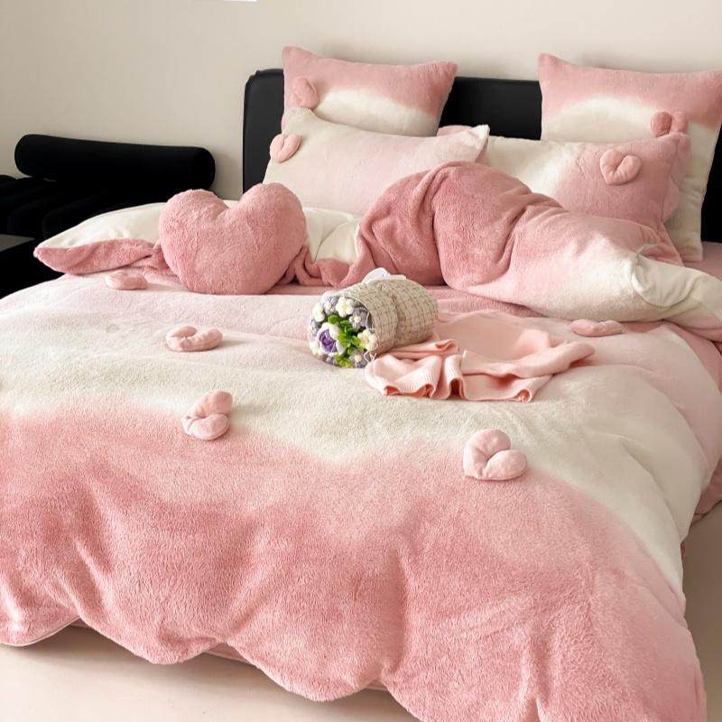 冬季少女心浪漫渐变立体爱心加厚兔毛绒四件套保暖牛奶绒床单床品