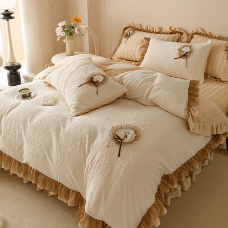 公主风夹棉床盖牛奶绒立体花四件套冬季珊瑚毛绒被套法式复古床品