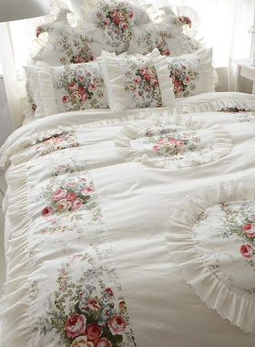 韩版床裙式春夏季全棉四件套蕾丝花边纯棉碎花公主风1.8m床上用品