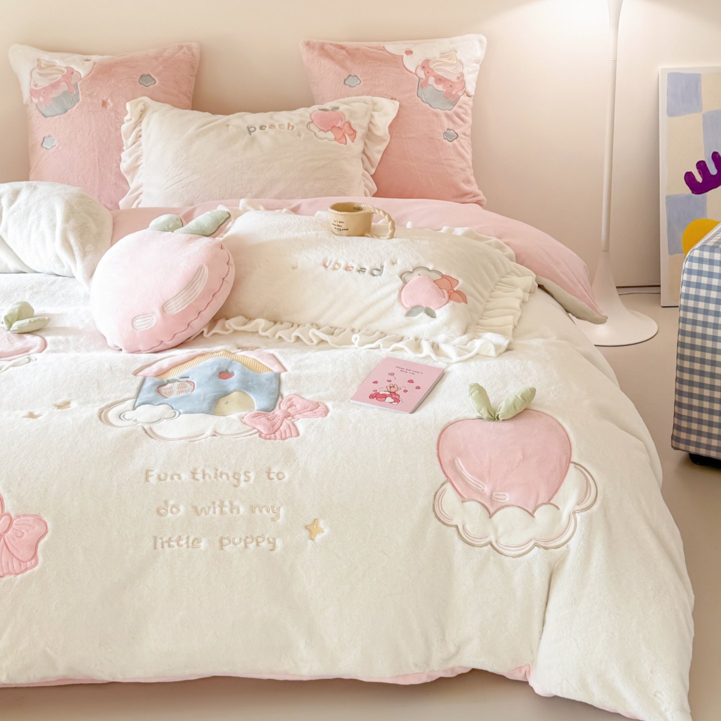 冬季少女心加厚兔毛绒四件套牛奶绒被套公主风花边蝴蝶结床上用品