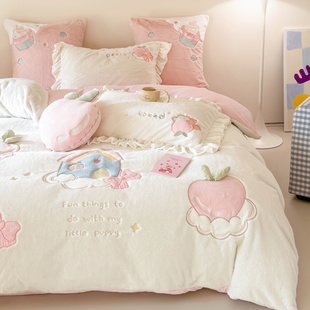 冬季 少女心加厚兔毛绒四件套牛奶绒被套公主风花边蝴蝶结床上用品