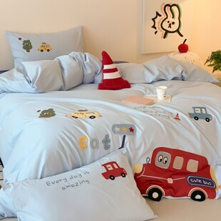 男孩卡通小汽车刺绣全棉三四件套纯棉被套儿童水洗棉床单床上用品