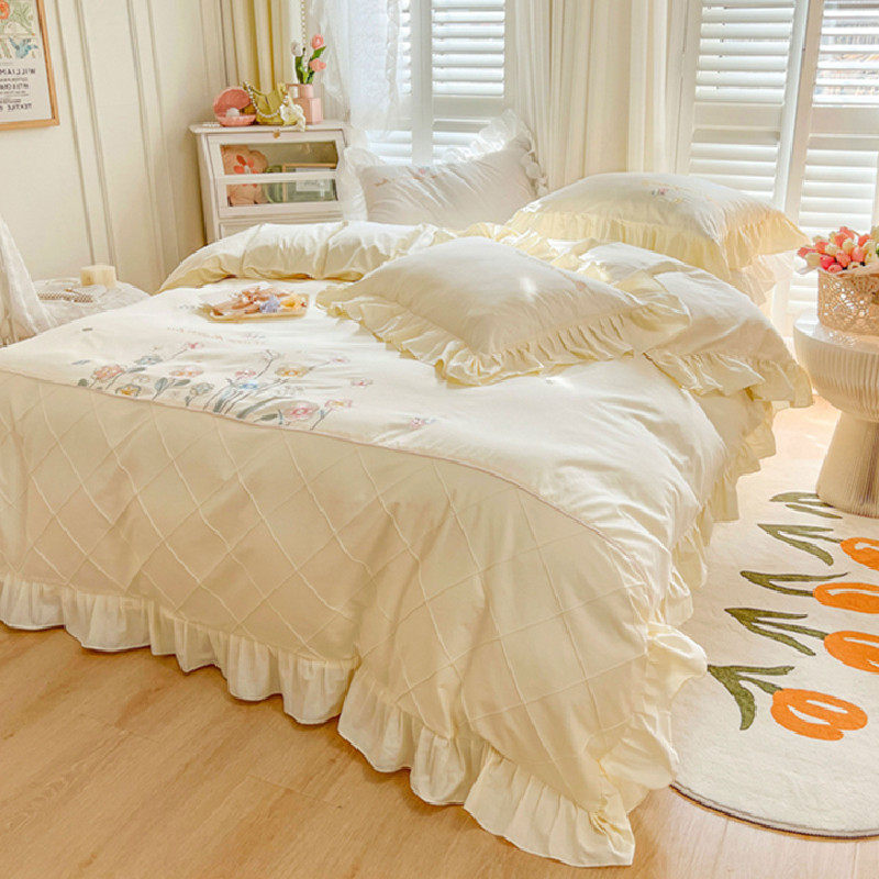 法式公主风100全棉四件套黄色少女心刺绣被套纯棉床单款床上用品4,床上用品,床品套件/四件套/多件套,淘宝优惠券,粉丝福利购,淘宝优惠卷