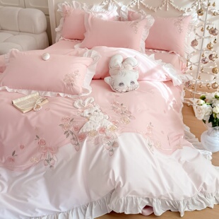 少女心卡通可爱兔子刺绣全棉水洗棉四件套纯棉荷叶边被套床上用品