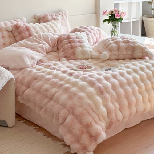 渐变粉冬季兔兔绒四件套加绒加厚