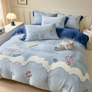 卡通航海家牛奶绒四件套冬天加厚保暖珊瑚绒被套男孩儿童床上用品