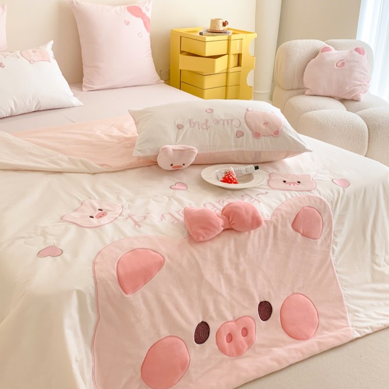 可爱少女心猪猪水洗棉夏凉被四件套儿童女孩刺绣空调被薄被子夏季,床上用品,化纤被,淘宝优惠券,粉丝福利购,淘宝优惠卷