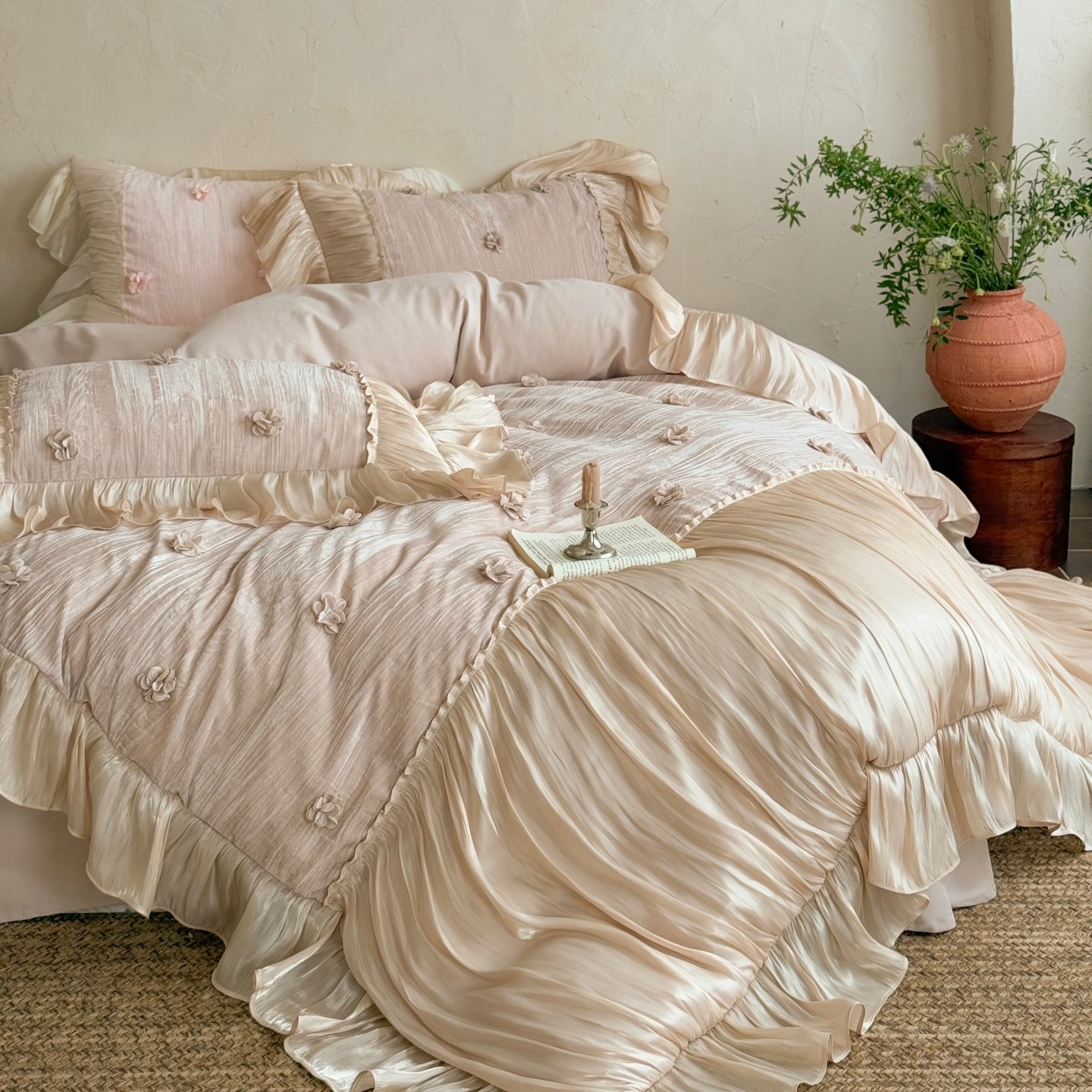 法式浪漫皱褶花边纯棉磨毛四件套少女心蕾丝花朵床品奶茶色被套,床上用品,床品套件/四件套/多件套,淘宝优惠券,粉丝福利购,淘宝优惠卷