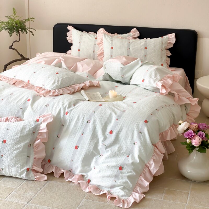 韩系公主风全棉水洗棉四件套少女心小清新荷叶边草莓超柔被套床品