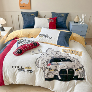 冬季赛车手男孩牛奶绒四件套加厚保暖双面珊瑚绒床上用品卡通儿童