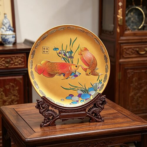 【ZC·宗宸家居】低温掐丝珐琅玻璃金龙鱼赏盘玄关桌面摆件32*32