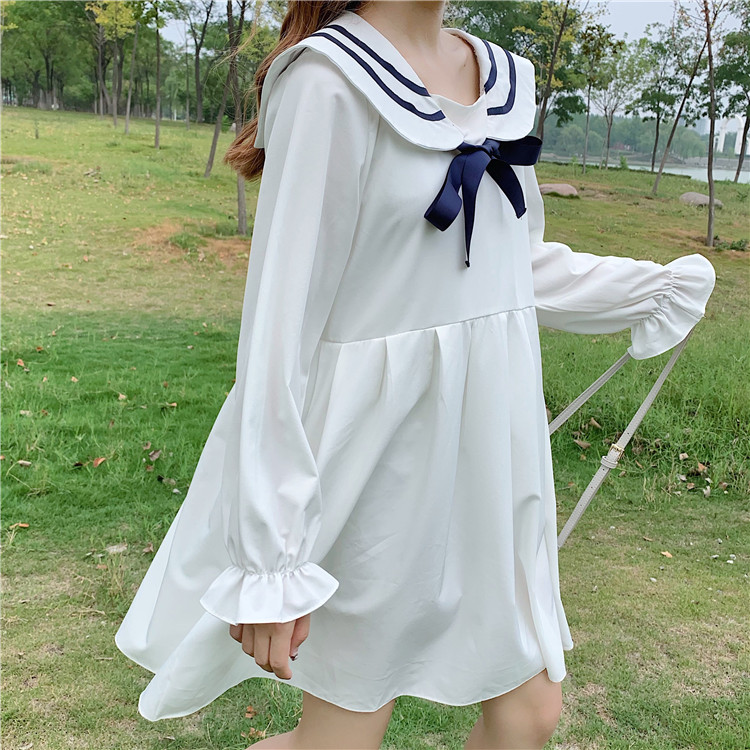 Real shot small fresh Navy collar tie bow Long Sleeve Dress