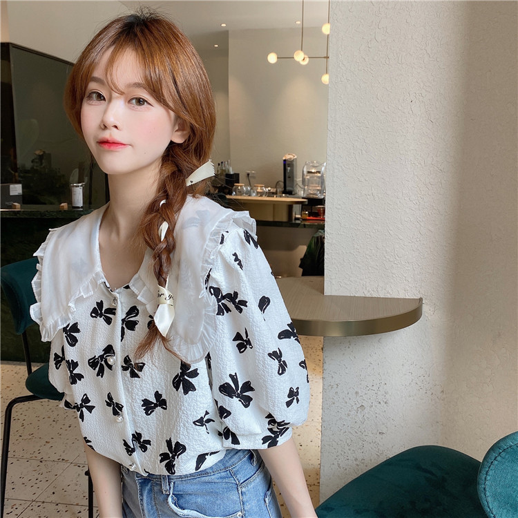 Real time baby collar bow print Zou Zou bubble sleeve short sleeve loose shirt