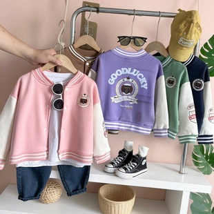 女童秋冬季 百搭儿童保暖上衣 加绒棒球服外套中小童学院风印花拼袖
