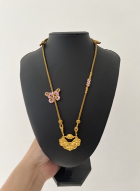 原创新款土黄色纯手工编织锦鲤锁蝴蝶结桃花结八股编可调节项链绳