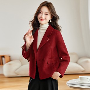 羊毛呢外套 气质减龄百搭西装 红色双面羊绒大衣女短款 2025秋冬新款