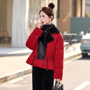 新中式红色短款羽绒服女2025冬季翻领拼接白鸭绒收腰时尚百搭外套
