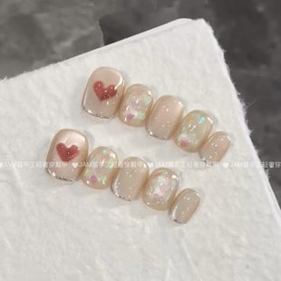 甜心 纯手工穿戴甲短款 猫眼手绘爱心穿戴式 美甲贴高级感 2025新款