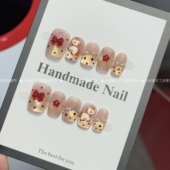 纯手工穿戴甲短款 新年小马 新款 马年红色猫眼美甲贴片高级感显白