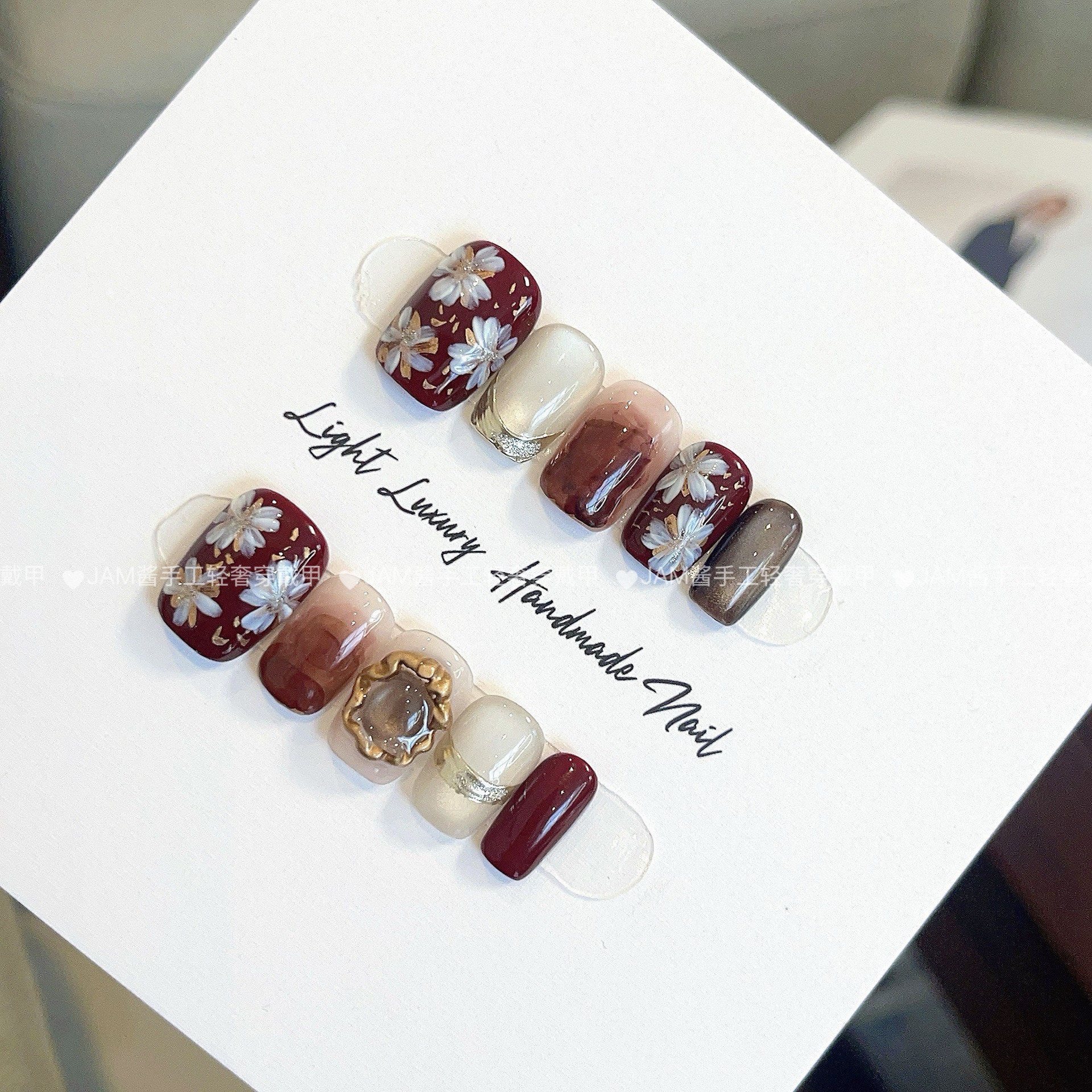 红釉浮樱 新款纯手工穿戴甲短款手绘花花猫眼美甲指甲贴片高级感,彩妆/香水/美妆工具,穿戴甲/甲片,淘宝优惠券,粉丝福利购,淘宝优惠卷