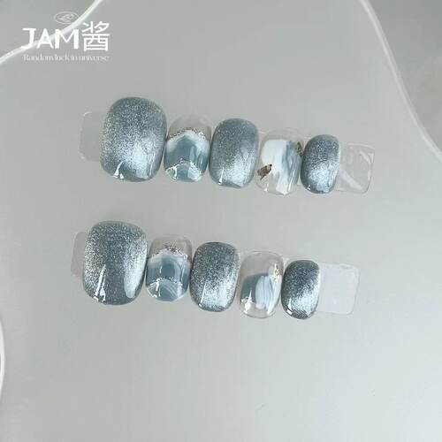 清仓 云山 显白纯手工穿戴甲短款猫眼渐变日常雾霾蓝光疗手工美甲