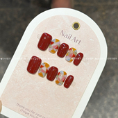 纯手工穿戴甲短款 玛奇朵 秋冬新款 手绘撞色车厘子红美甲贴高级感