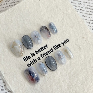 晚宴 晕染水滴花纯手工穿戴甲短款猫眼手工美指甲贴高级感显白