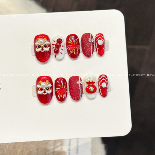 醒狮纳福 新年红新款纯手工穿戴甲短椭圆新中式烟花美甲贴高级感