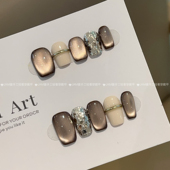 纯手工穿戴甲短款 戒指 秋冬新款 棕色猫眼奶油白穿戴美甲贴高级感