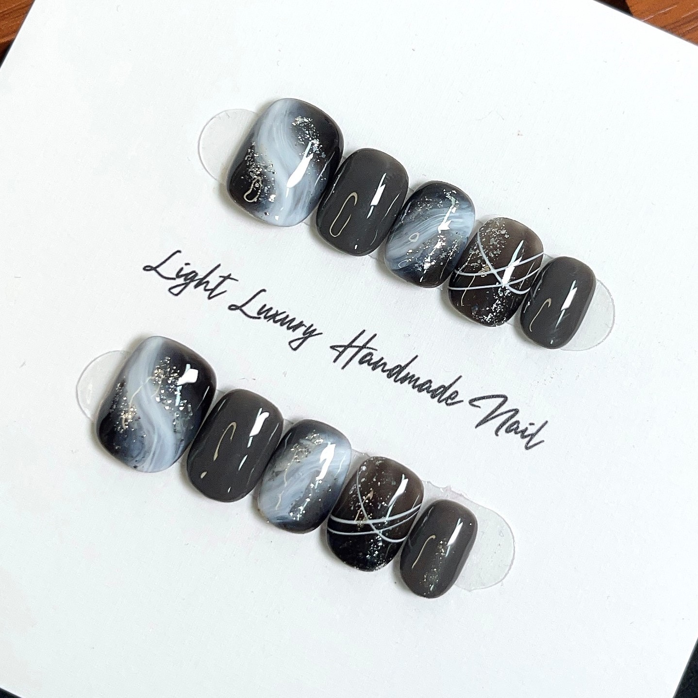 【乌木】黑白晕染纯手工穿戴甲短款高级感日常显白可拆卸穿戴美甲