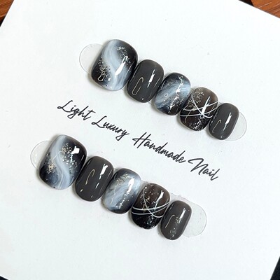 【乌木】黑白晕染纯手工穿戴甲短款高级感日常显白可拆卸穿戴美甲