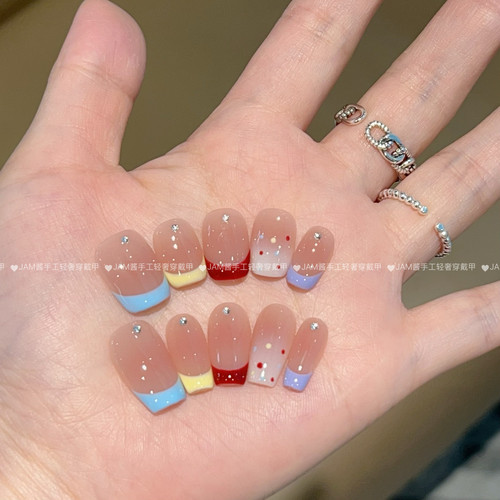 糖心 纯手工穿戴甲短款多巴胺彩色法式高级感糖果色手工穿戴美甲