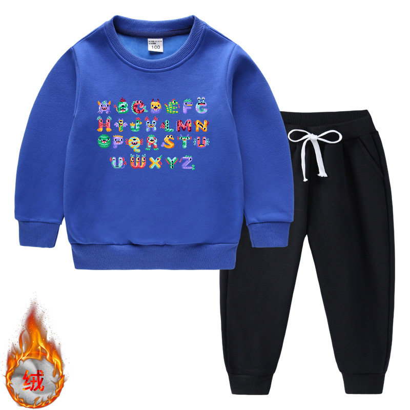 字母传说儿童加绒卫衣男童长袖长裤加厚冬装保暖女童数字积木衣服