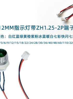 开孔12MM金属LED指示灯3V5V6V9V12V24V带端子线PH2.0-2P红蓝绿黄