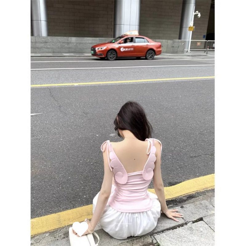 天使翅膀露背绑带吊带背心女夏季修身无袖外穿设计感辣妹粉色上衣