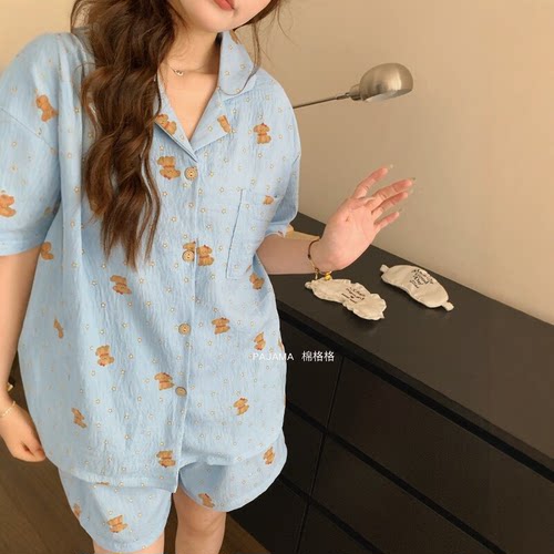 夏季带胸垫睡衣女短袖短裤甜美可爱卡通少女宽松可外穿家居服套装