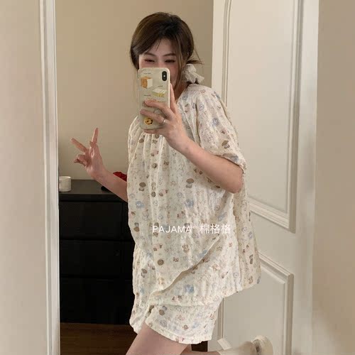 夏季睡衣女带胸垫短袖短裤薄款透气开衫甜美可爱可外穿家居服套装