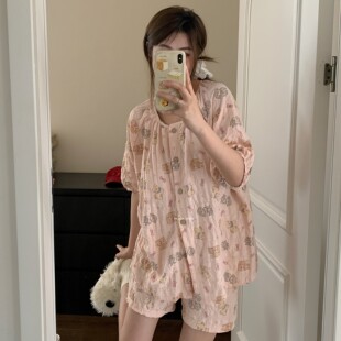带胸垫睡衣女夏季短袖短裤薄款甜美可爱开衫学生可外穿家居服套装