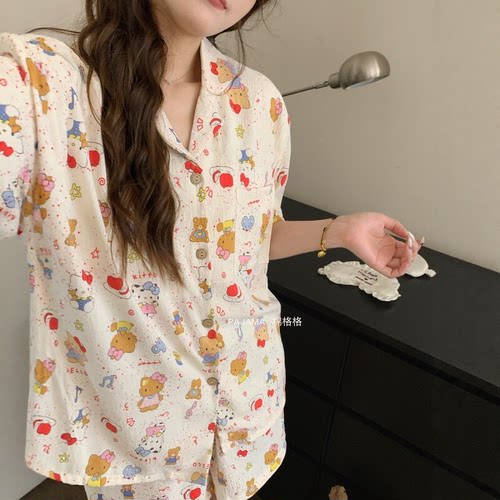 带胸垫睡衣女夏短袖短裤薄款学生宽松免穿文胸甜美卡通家居服套装